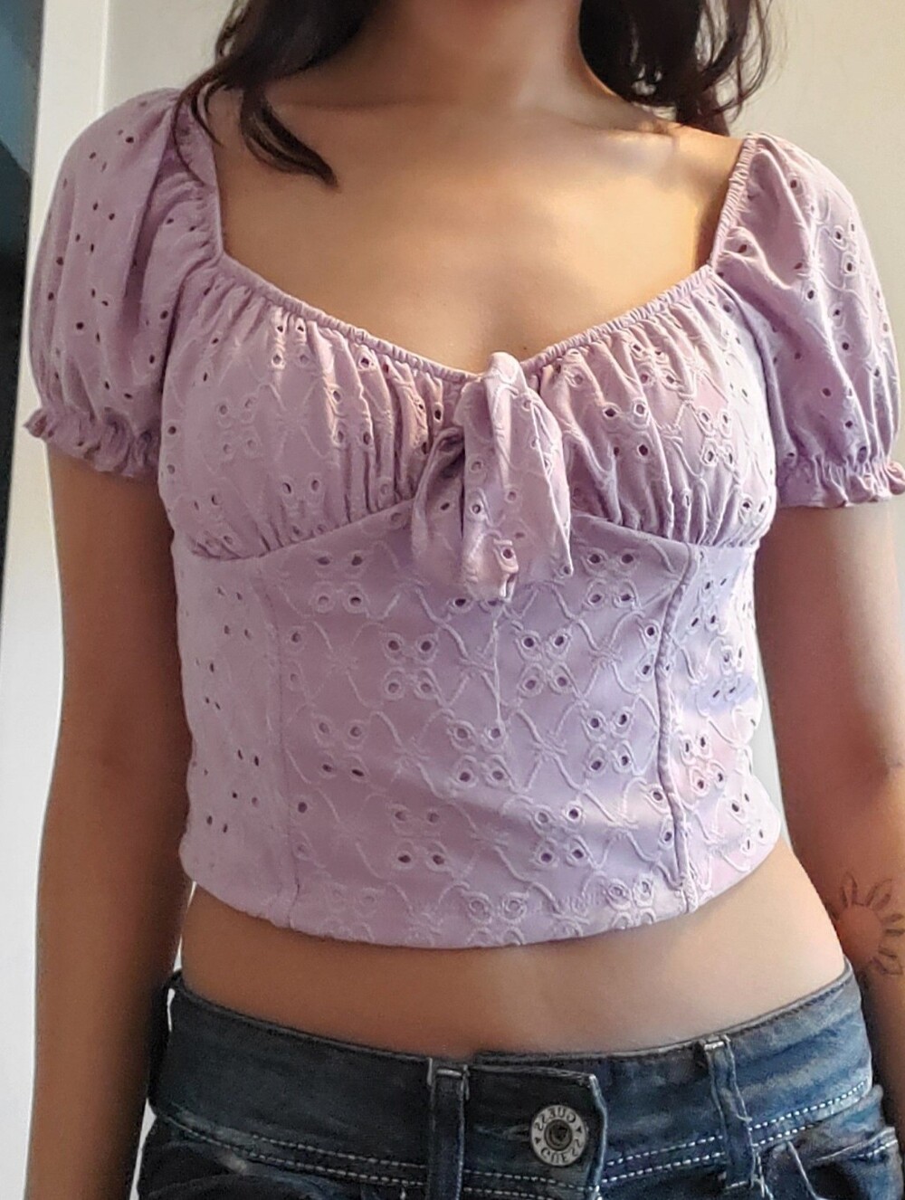 Bluenotes Women's Eyelet Tie-Front Crop Top - Lavender